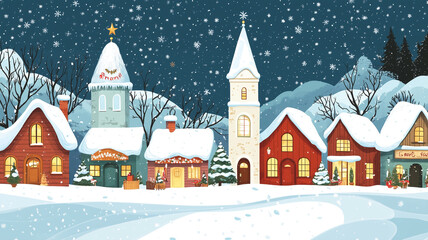 Christmas village scene with a church, shops, and houses covered in snow. Flat style.