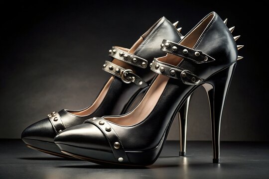 Sleek black stiletto heels adorned with menacing metal spikes and buckles, resting on a dark background, exuding edgy glamour and rebellious sophistication. - Powered by Adobe