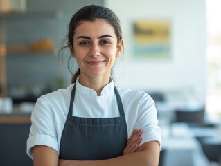 A professional woman chef smiling in a restaurant kitchen, wearing an apron.