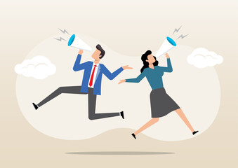 businessman and woman shouting on megaphone