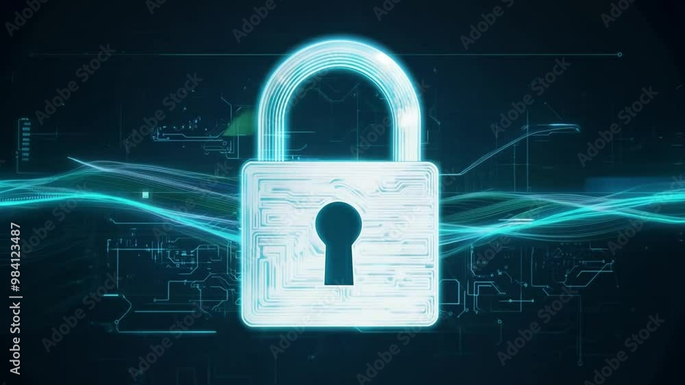 Aufkleber A digital padlock adorned with a circuit design is set against a dark virtual backdrop, conveying themes of cybersecurity and data protection in a modern digital landscape.