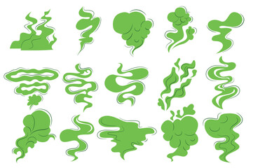 Set of stinky smoke in flat cartoon design. These illustrations contain different types of green smoke patterns in different shapes on a white background. Vector illustration.