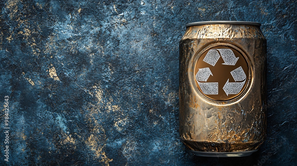 Poster a shiny aluminum can with a clear recycle symbol etched onto the surface. the can emphasizes the qui