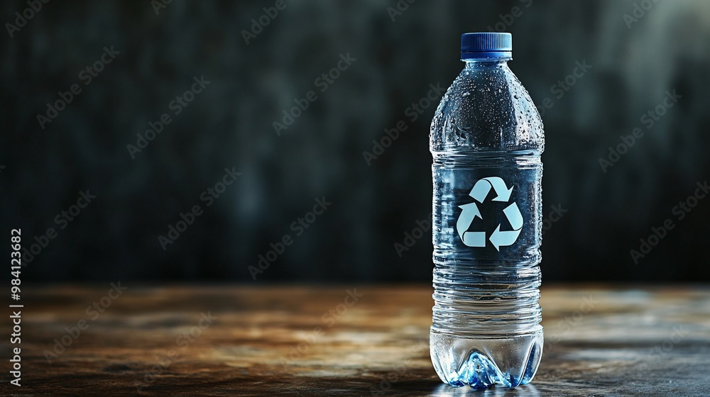 Poster a clear plastic water bottle with a prominent recycle symbol printed on the label. the image conveys