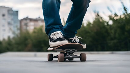 Close-up photo of a person riding a skateboard
