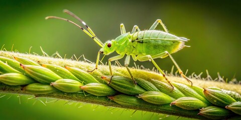 Bird's eye view of aphid on flower twig, green background