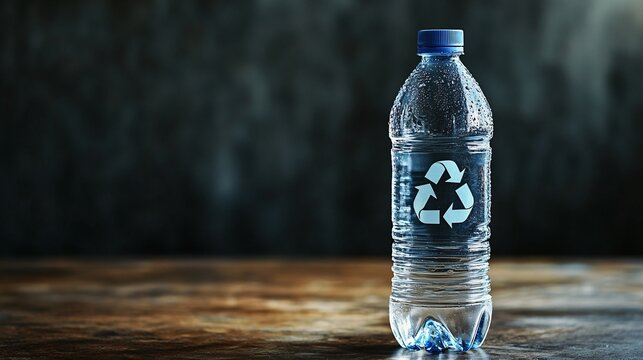 A clear plastic water bottle with a prominent recycle symbol printed on the label. The image conveys the importance of recycling plastic to reduce waste. Large space for text in center Stock Photo