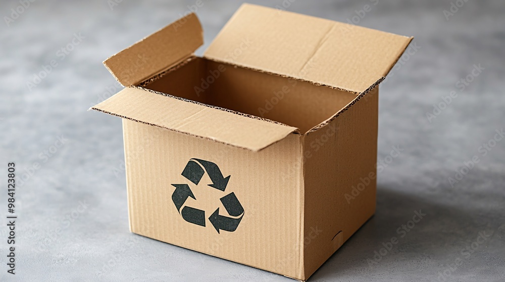 Poster A cardboard box with a recycle symbol printed on the lid, highlighting the recyclability of corrugated paper packaging. The box is placed in a clean setting to emphasize the eco-friendly aspect of