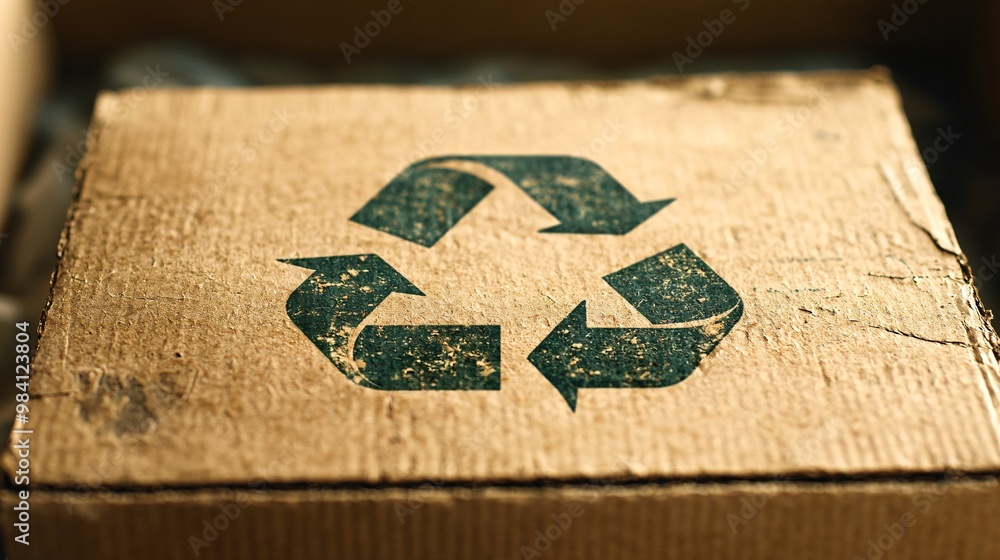 Aufkleber A cardboard box with a recycle symbol printed on the lid, highlighting the recyclability of corrugated paper packaging. The box is placed in a clean setting to emphasize the eco-friendly aspect of