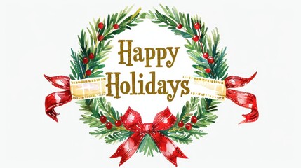 Festive holiday banner, "Happy Holidays" in bold gold, wreath with red ribbon, large text area, white background, cozy festive feel. 