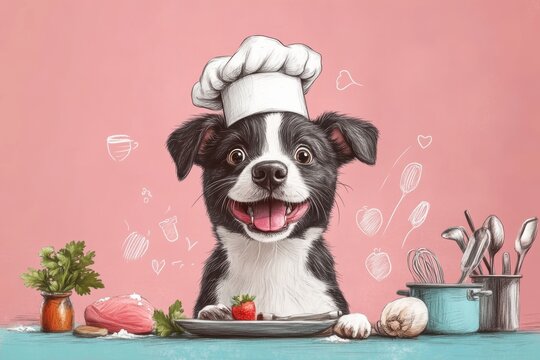 cartoon dog baker with a chefs hat and tools, doodle art for a baking workshop concept banner
