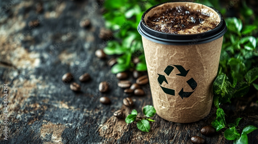 Poster A reusable coffee cup made from sustainable materials with a recycle symbol on the side. The image promotes the concept of reducing single-use plastics by opting for reusable drink containers. Large