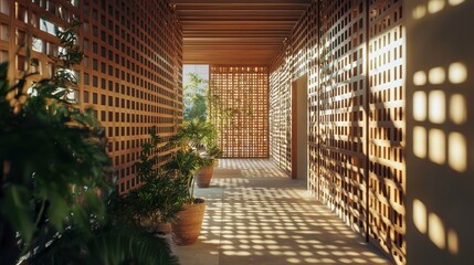 A luxury villa with a wooden lattice exterior that creates beautiful shadow patterns inside during the day