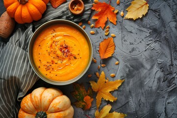 Warm bowl of pumpkin soup surrounded by autumn leaves, nuts, and pumpkins in a cozy kitchen setting during fall. Top view. Copy space