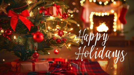 Festive Christmas banner, "Happy Holidays" in bold red, decorated Christmas tree, large text space, cozy indoor setting, warm lighting. 