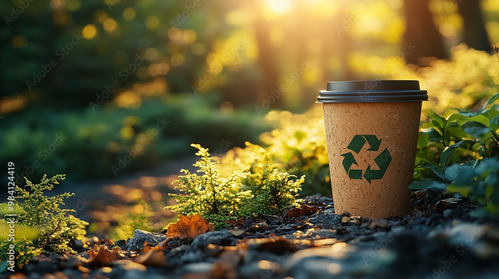Poster A reusable coffee cup made from sustainable materials with a recycle symbol on the side. The image promotes the concept of reducing single-use plastics by opting for reusable drink containers. Large