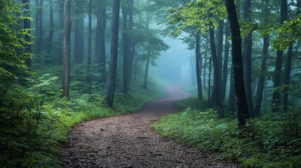 Obraz premium Misty forest with tall trees and a winding path through the greenery