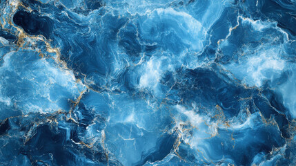 Fototapeta premium Abstract blue marble texture with swirling patterns and golden accents.