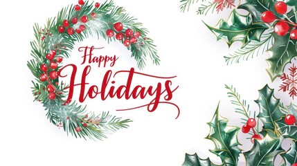 Christmas celebration banner, "Happy Holidays" in cursive red, festive wreath with holly, ample space for text, white background, warm festive glow. 