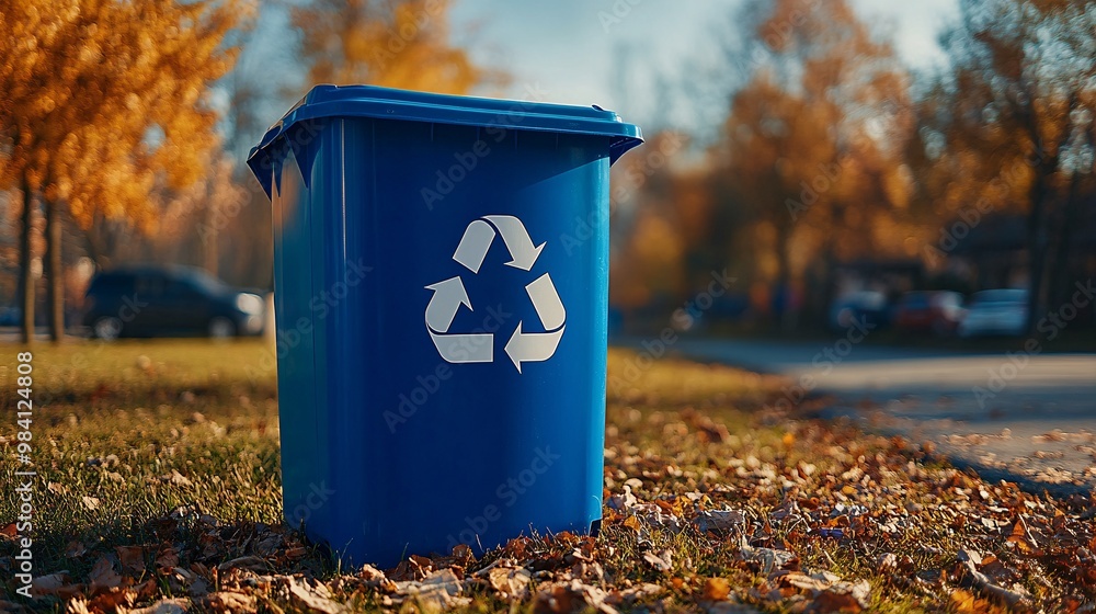 Poster a bright blue recycling bin with a large recycle symbol on the side, standing in an outdoor setting.
