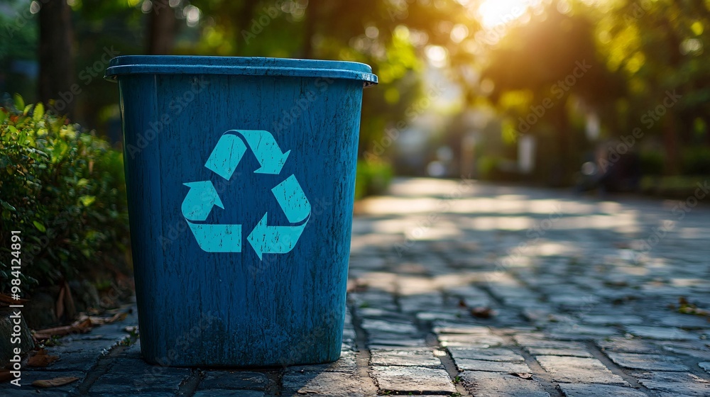 Poster a bright blue recycling bin with a large recycle symbol on the side, standing in an outdoor setting.