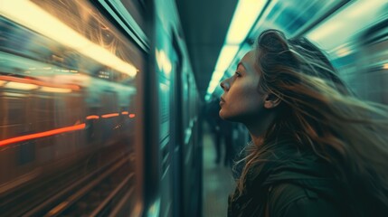 A person running towards a subway train in motion, capturing the hustle and bustle of urban commuting.