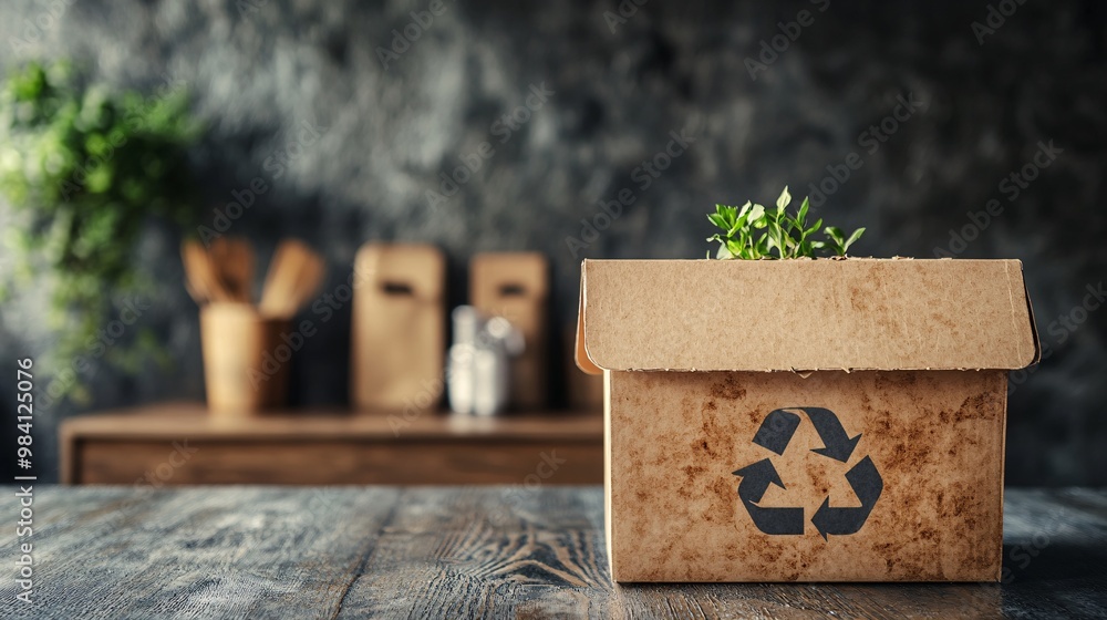 Poster a takeout food box made from recyclable materials with a recycle icon clearly printed on the side. t