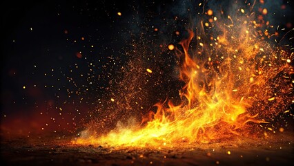 Bird's eye view of fire or dust with sparks on black background