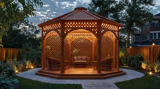 A luxury wooden gazebo in a suburban backyard, designed with intricate lattice work and integrated lighting for evening use