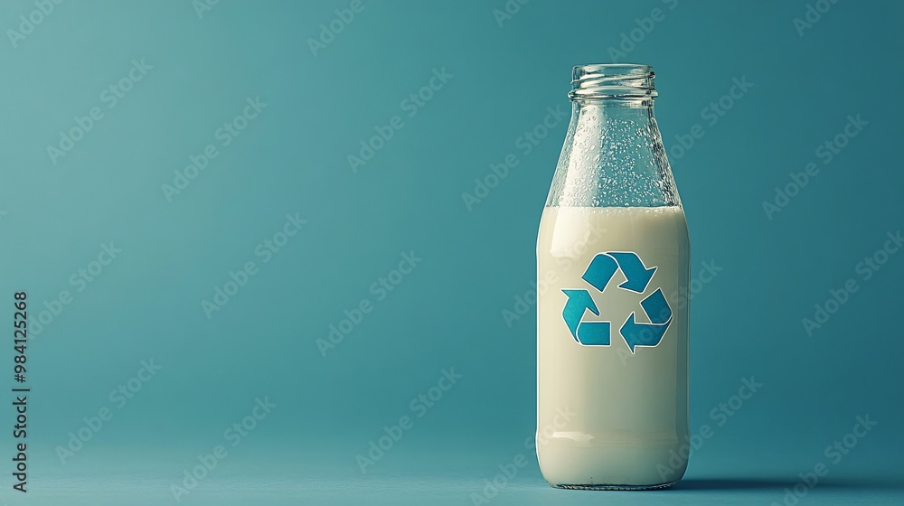 Poster a glass milk bottle with a recycle symbol embossed on the surface, representing the reuse of glass i