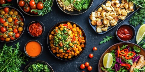 Variety of international vegetarian cuisine, featuring vibrant colors and fresh ingredients.