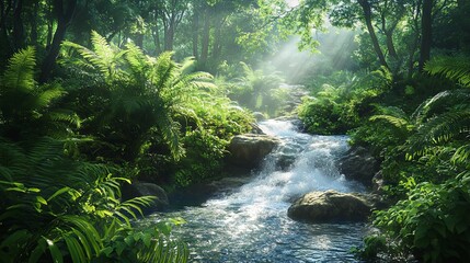 Fototapeta premium Mountain stream flowing through a thick forest