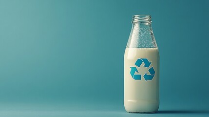 A glass milk bottle with a recycle symbol embossed on the surface, representing the reuse of glass in dairy packaging. The bottle is set against a clean background to highlight its eco-friendly