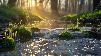 Fototapeta premium Peaceful mountain stream during sunlight, surrounded by lush green plants and wildflowers.
