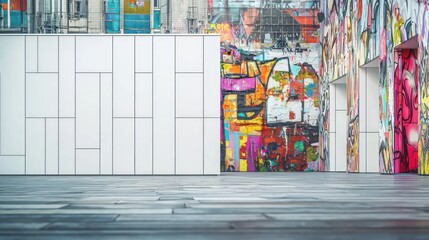 A minimalist art museum with panels of white fiber cement siding, creating a stark contrast against a backdrop of dense, colorful urban graffiti