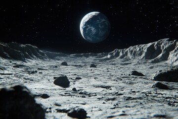 Astronaut standing on the moon, with a cratered lunar surface in the foreground and a distant view of Earth.
