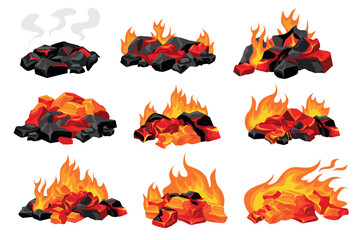 Set of burning charcoals in flat cartoon design. Various images of burning coals showing multi-colored flames in different stages. Vector illustration.