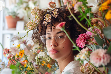 Obraz premium Beautiful scenic flower store shop with its owner nursing blossom arranging bouquet, Generative AI