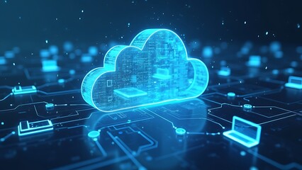 A cloud computing technology concept illustrates the delivery of computing services over the internet, enabling flexible resources, scalable solutions, enhanced collaboration for users and businesses.