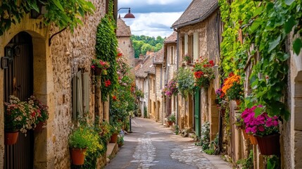 A charming French village with ivy-covered stone houses, narrow alleyways, and vibrant flower boxes on the windowsills