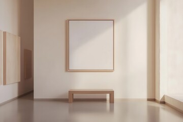 A simple and elegant minimalist interior featuring a single wooden-framed blank canvas hanging