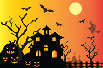 Halloween background, template, flyer design. Halloween background, poster with House, moon, bat. Halloween background with pumpkin and bats. Vector illustration.