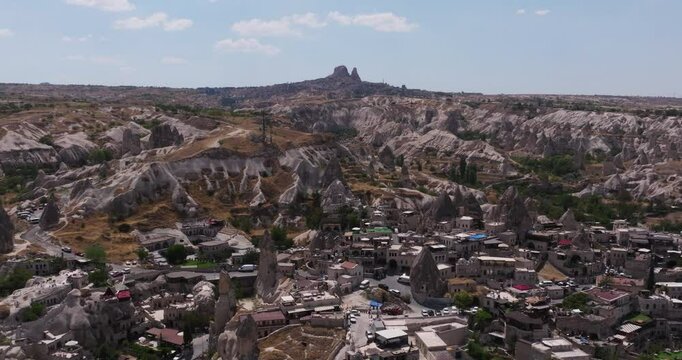 Aerial Establishing Drone Shot Above Cappadocia. Uchisar Castle in Background