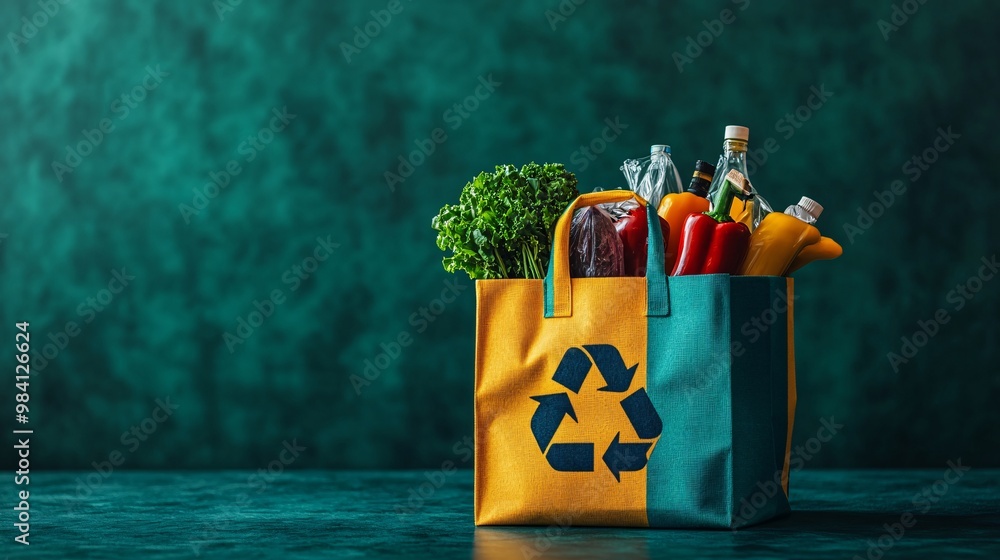 Poster a colorful reusable shopping bag featuring a bold recycle icon, lying on a table with groceries insi