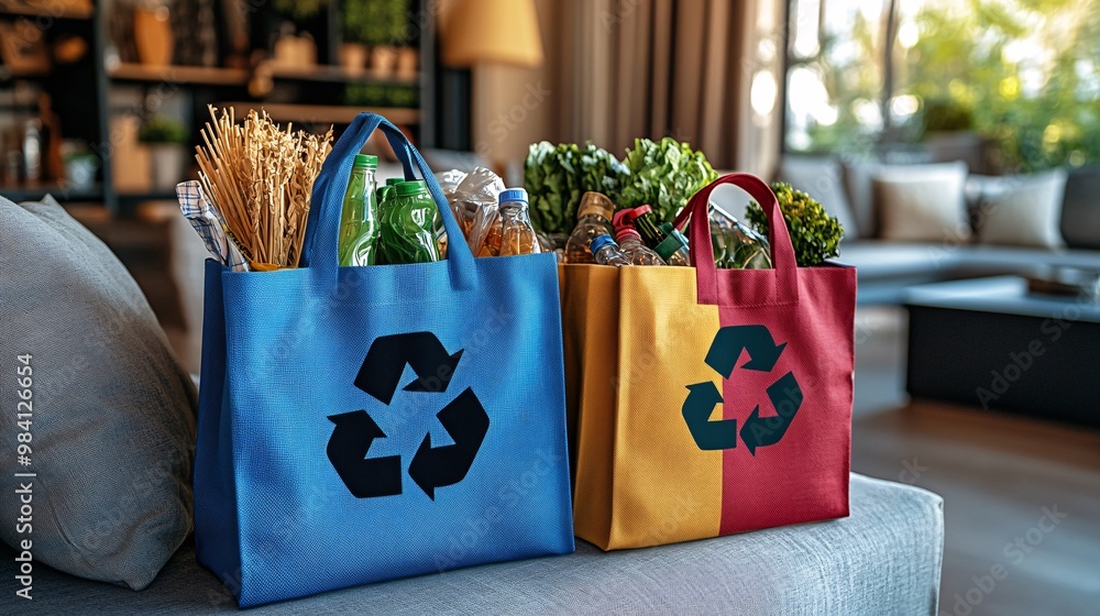 Poster a colorful reusable shopping bag featuring a bold recycle icon, lying on a table with groceries insi