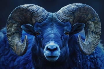 Obraz premium Majestic mountain goat with large curved horns, gazing directly into the camera against a dramatic backdrop.