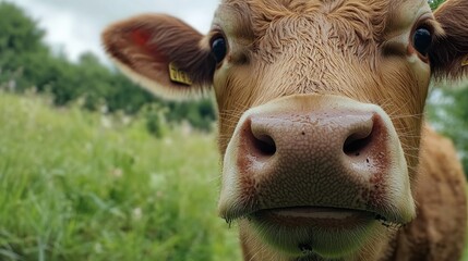 A close-up of a s face, with its big brown eyes and wet nose, standing in front of a green pasture