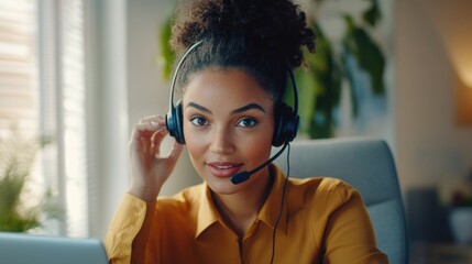 A woman engaged in a teleconference, wearing professional headset and working on a laptop. She is dressed smartly, suggesting she works at a call center or a tech-support role.