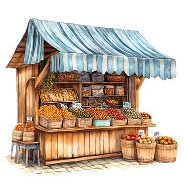 recommend clip art: Watercolor Illustration of a Fruit and Vegetable Stall with a Striped Awning.