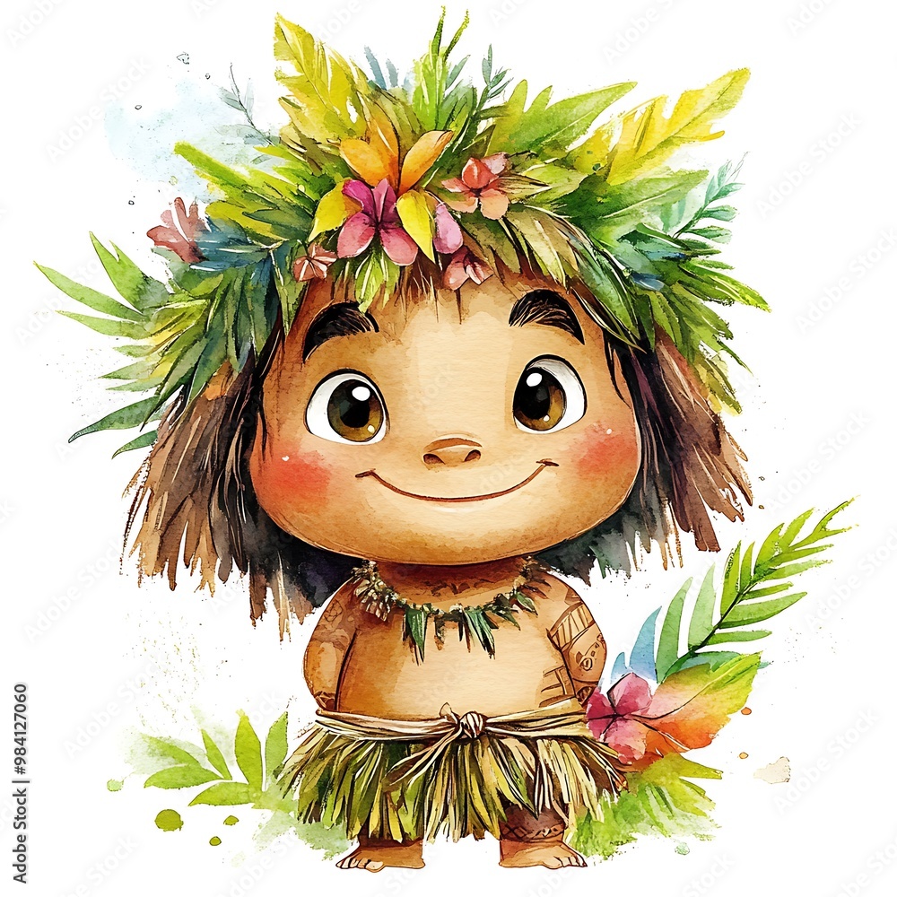 Canvas Prints Cute Cartoon Illustration of a Polynesian Boy Wearing a Flower Lei.